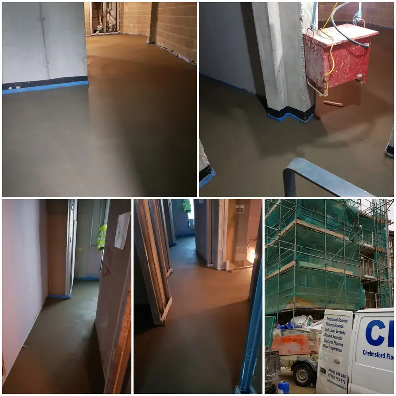 Collage of screeded rooms on a scaffolded multi-unit building