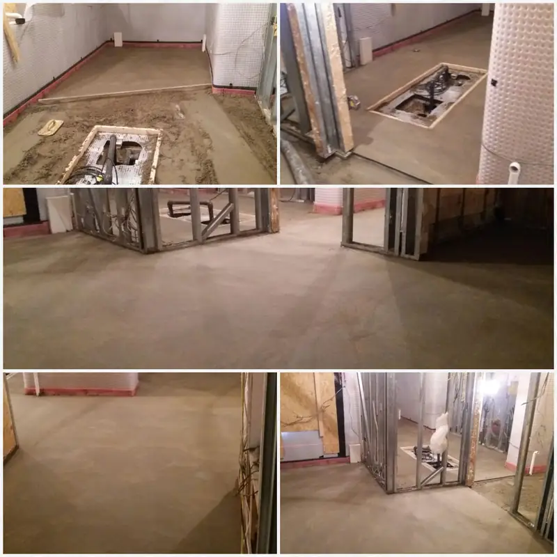 Collage of screed laid around floor access boxes and door thresholds